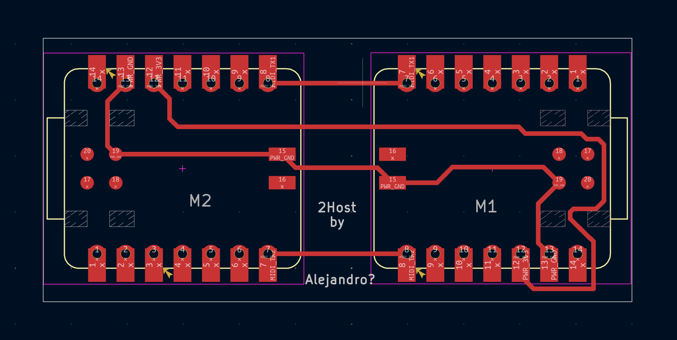 KiCad PCB layout for the MIDI Bridge — two XIAO RP2040s placed on opposite sides of the board with routed power and signal traces